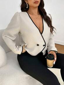 Elaquor Plus Size Women Ruffle Trim Double Breasted Long Sleeve Elegant Blouse - Multicolor - View 1