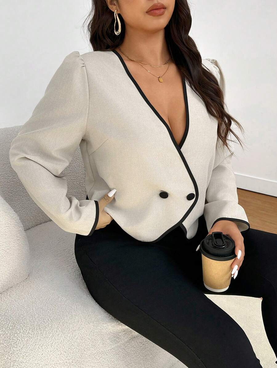 Elaquor Plus Size Women Ruffle Trim Double Breasted Long Sleeve Elegant Blouse - Multicolor - View 1