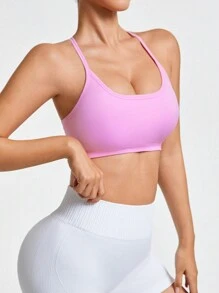 SHEIN Sport Studio Sujetador deportivo de uso diario de unicolor con espalda abierta para mujer