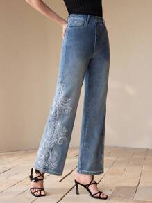 MOTF PREMIUM FLORAL EMBROIDERED STRAIGHT LEG JEANS,SPRING/SUMMER