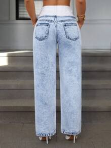 SHEIN Essnce Jeans droits à jambes larges avec double taille en patchwork, mode décontractée et polyvalente pour femme
