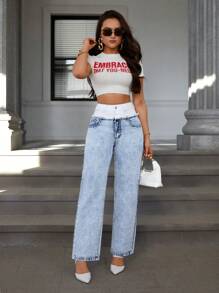 SHEIN Essnce Jeans droits à jambes larges avec double taille en patchwork, mode décontractée et polyvalente pour femme