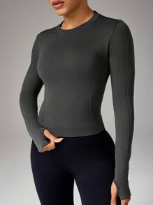 Easithlete Áo thun thể thao thường ngày dài tay cổ tròn màu trơn dành cho nữ & áo ba lỗ - màu đen - Xem 1