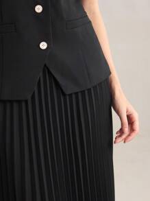 BizChic 2pcs/Set Women's Black Blazer Suit With Pleated A-Line Skirt, Office/Commuter Wear, Elegant For New Year, Spring/Summer - Black - View 6