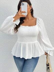 SHEIN Frenchy Áo sơ mi babydoll viền bèo nhún cỡ lớn - trắng - Xem 4