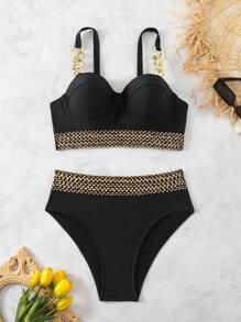 Swim Lushoire Summer Women's Sexy Steel Boned Gathered Adjustable Straps Woven Bikini Set - Black - View 8