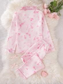 女孩圣诞快乐 2 件套睡衣套装，简约粉色美丽花卉印花长裤和长袖开衫，适合青少年的舒适休闲家居服 - 粉色 - 查看 2