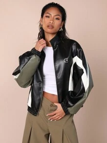 COSMINA Women's Solid Color Patchwork Front Zipper Long Sleeve Pocket Simple Casual Jacket