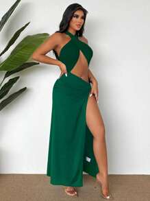 VaVaBold Women's Beach Vacation Solid Color Waistline Cutout Side Slit Hem Halter Sexy Dress