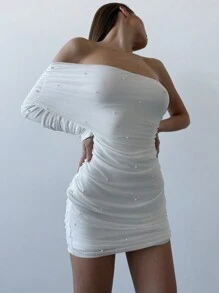 Aloruh Women's Mini Mesh Pearl Bubble Decor Ruffled Shirred Shoulder Dress