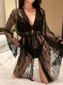 DAZY Sexy Bowknot Polka Dot Semi-Sheer Lace Robe Pajama - Black - View 1