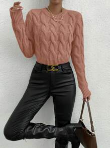 SHEIN Unity Casual Solid Color Cable Knit Crew Neck Sweater, Autumn/Winter Knit Pullover Fall Sweater - Dusty Pink - View 5