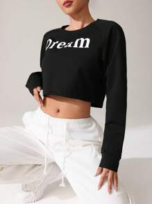 SHEIN Sports 休闲字母印花短款卫衣 - 黑色 - 查看 3