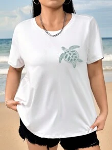 Flirla Plus Size Women's Casual Turtle & Letter Print T-Shirt, Suitable For Summer Beach, Malibu, Surfing, Diving Memories, Seattle Beach Graphic Tees Women Tops