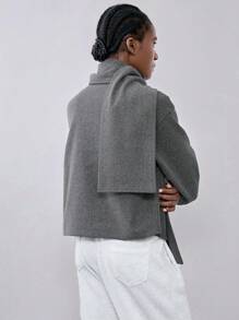 Chiquease 1pc Women's Gray Single-Breasted Coat With Scarf, Casual Loose Fit Knitted Jacket For Autumn/Winter Outerwear - Grey - View 2