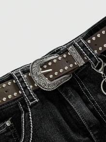 ROMWE Kawaii Y2K Gyaru 复古豹纹蓬松下摆女式迷你低腰半身裙 配腰带配饰 - 黑色 - 查看 3