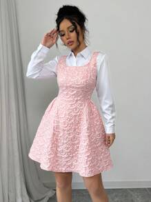 Elenzga Váy chữ A thanh lịch dập nổi Jacquard cho nữ - Hồng - Xem 4