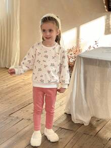SHEIN LMoss Kids LMoss 年轻女孩 2 件套年轻女孩和年轻女孩彩色花卉拼色圆领运动衫和高弹力紧身裤套装，适合日常休闲穿着 - 彩色 - 查看 4