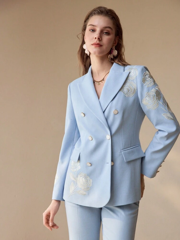 FLORAL EMBROIDERY DOUBLE BREASTED BLAZER,SPRING/SUMMER