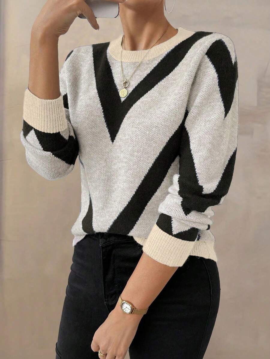 SHEIN PETITE 2024 Autumn/Winter New Arrival Geometric Stripe Pattern Pullover Sweater Knit Pullover Fall Sweater - Black and White - View 1