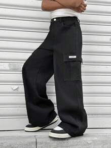 SHEIN Explorewe Tween Boy Oversized Pockets Loose Straight Wide Leg Casual Jeans - Black - View 4