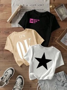 SHEIN EZwear Bộ 3 áo thun nữ cổ tròn dài tay in chữ "OK" và hình ngôi sao, giản dị, tối giản, phù hợp cho mùa hè - Nhiều màu - Xem 1