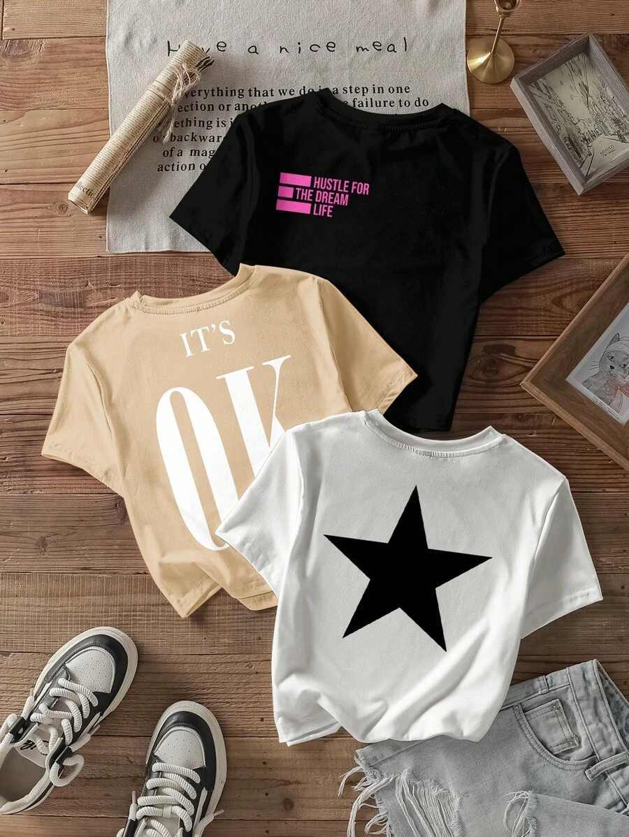 SHEIN EZwear Bộ 3 áo thun nữ cổ tròn dài tay in chữ "OK" và hình ngôi sao, giản dị, tối giản, phù hợp cho mùa hè - Nhiều màu - Xem 1