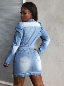 SHEIN Slayr Women's Gigot Sleeve Belted Single-Breasted Fitted Denim Dress
