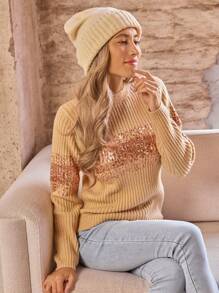 LanaWest Suéter de mujer con cuello redondo y parches de lentejuelas para otoño/invierno