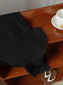 Comfortcana 大码女式纯色圆领蝙蝠袖上衣，秋冬 - 黑色 - 查看 5