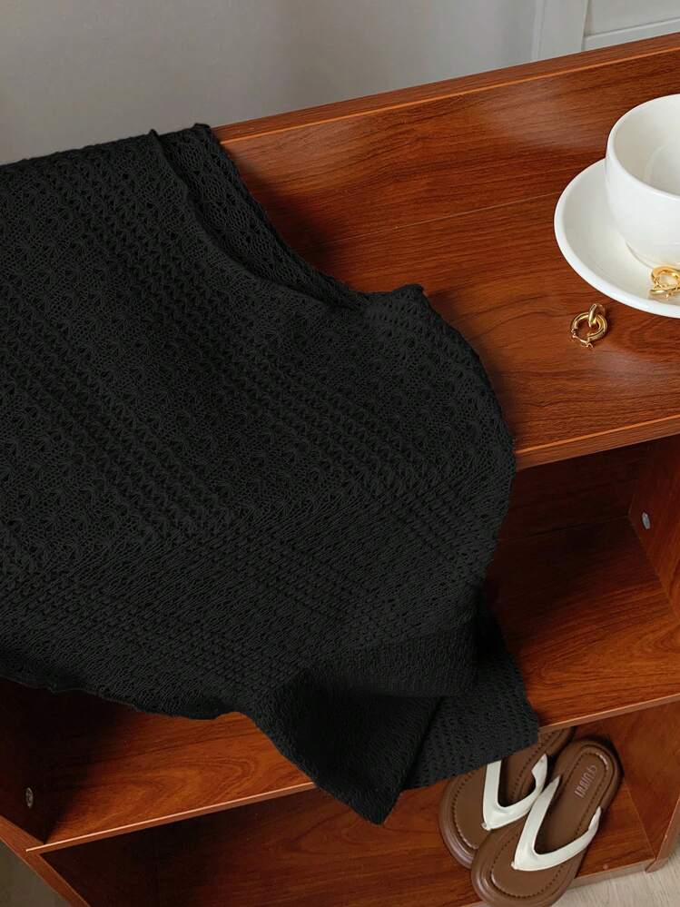 Comfortcana 大码女式纯色圆领蝙蝠袖上衣，秋冬 - 黑色 - 查看 5