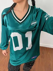 SHEIN 青少年女孩数字和字母印花足球球衣 T 恤，返校休闲装 - 綠色 - 查看 5