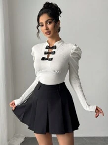 SHEIN Privé 女士优雅简约浪漫精致时尚约会/通勤编织刺绣蝴蝶结立领插肩袖拼色白色修身衬衫，适合秋季、冬季、春季情人节