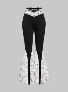 ROMWE Kawaii Damskie spodnie rozkloszowane z koronką w kwiaty w stylu retro