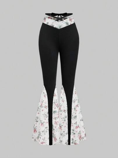 Kawaii Pantalon évasé en dentelle florale rétro pour femmes