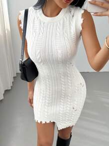 SHEIN Clasi Women Solid Color Distressed Asymmetric Hem Bodycon Sweater Dress - White - View 7