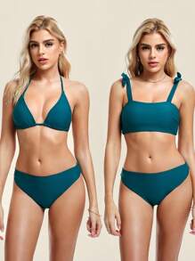 SHEIN Swim Set bikini 3 buc pentru femei: camisol, top cu cupa triunghiulară și pantaloni cu talie mijlocie de vară - Verde albastrui - Vizualizare 1