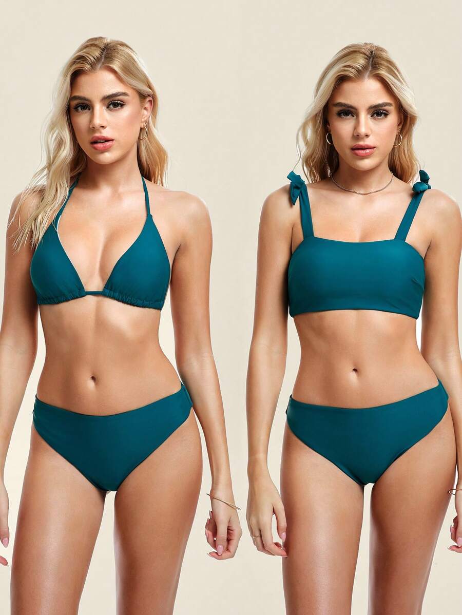 SHEIN Swim 3 件套女士比基尼套装：吊带背心、三角杯上衣和中腰下装 夏季 - 水鴨藍 - 查看 1