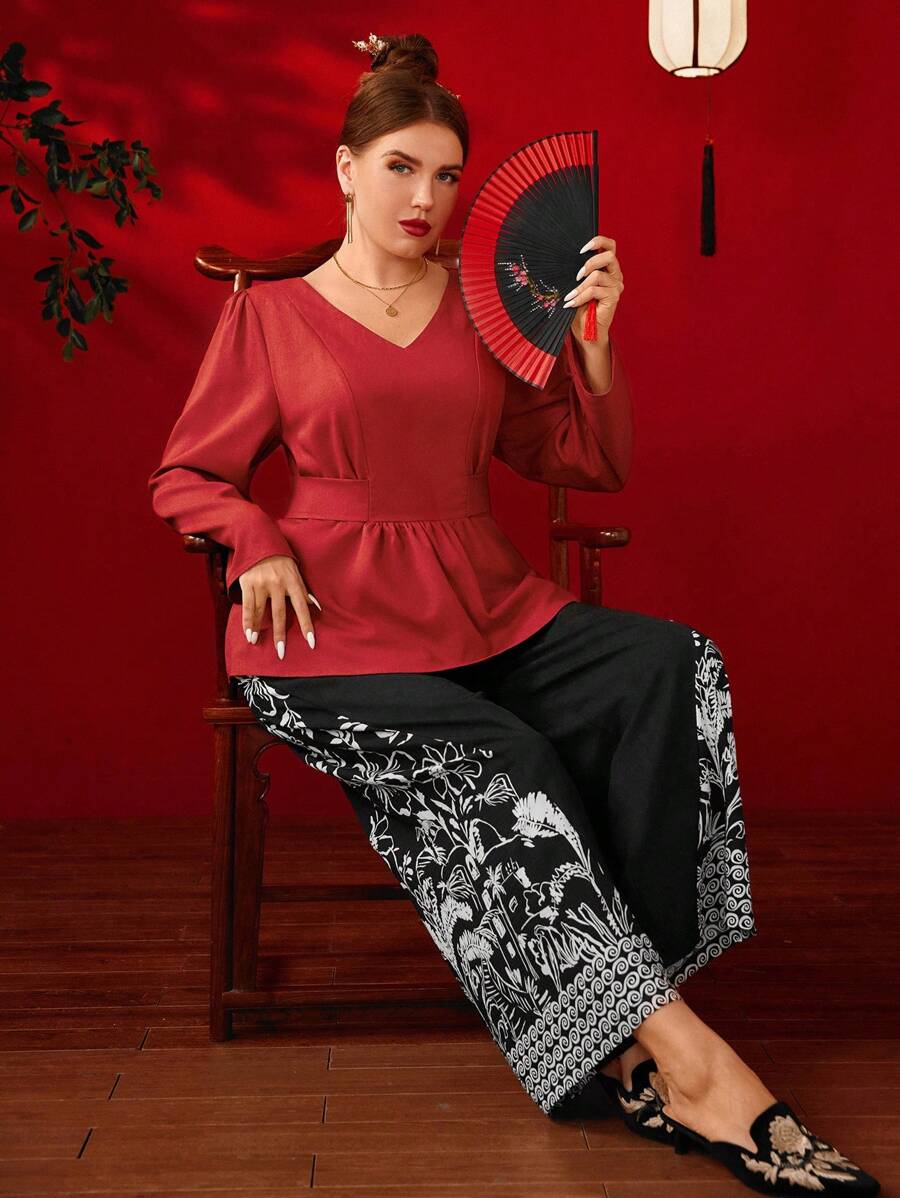 SHEIN Clasi 2 件大码纯色 V 领长袖上衣和裤子套装,简约风格 - 彩色 - 查看 1