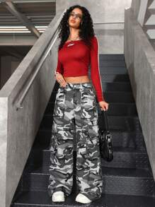 SHEIN EZwear Quần Jeans Ống Thẳng Đơn Giản, Đơn Giản, Rằn Ri, Túi Nút Phía Trước Cho Nữ - Nhiều màu - Xem 3