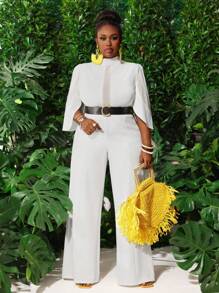 Slaydiva 大码女式优雅蕾丝拼布透视网眼阔腿连体裤，白色，性感，适合派对、约会、情人节、春夏 - 白色 - 查看 4