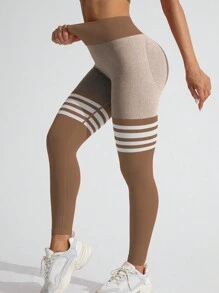 Core Rhythm Women's Sports Leggings In Khaki Striped Skinny Fit, Ruched Waist Design, Sexy Lifting, Yoga Fitness