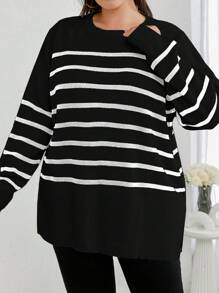 EURMUSE Suéter talla grande con hombros caídos y patrón de rayas - Blanco y Negro - Ver 6