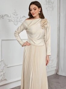 Modelyn 2pcs Women Floral Decoration Simple Long Sleeve Top And Skirt Set 2 Pieces Set