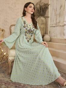 Al Najma Vestido de estilo árabe con cuello en V, mangas acampanadas con adornos y estilo fluido para mujer, vestidos árabes de primavera/verano, modestos