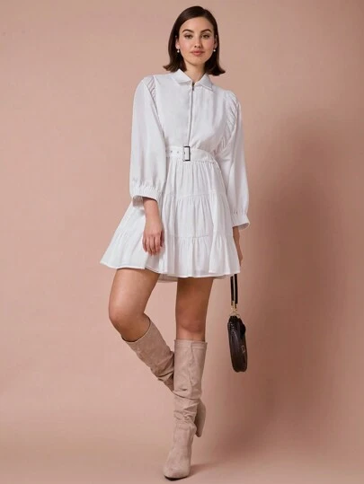 Enchnt 春季浪漫女式白色前拉链超大廓形长袖可调节腰带短裙，适合情人节和浪漫晚餐约会、节日礼服