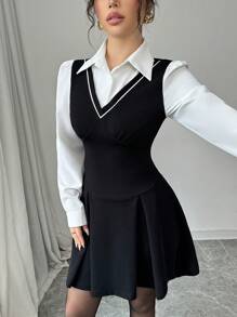 Gloray Sexy Elegant One-Piece Dress With Ruffle Collar And Cuffs, Fitted Waist, Pleated Mini , Stretchy Knit Fabric, Suitable For Daily, Date, Party Wear, Autumn/Winter