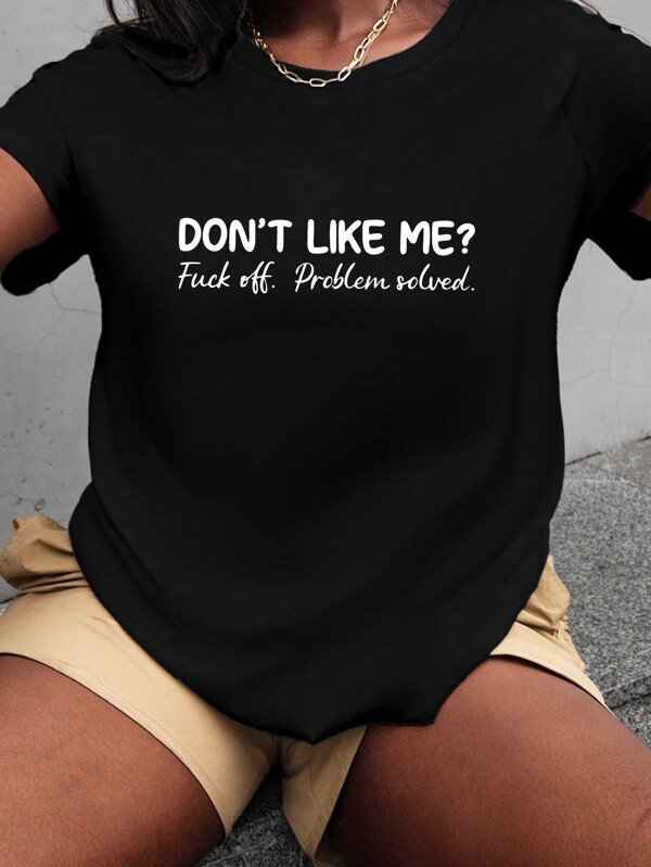 Maweii Plus Size Slogan Printed Short Sleeve T-Shirt DON'T LIKE ME Problem Solved Graphic Tees Women Tops