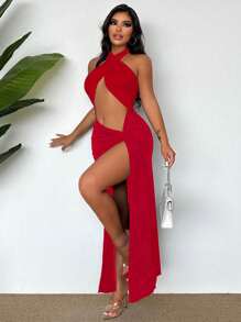 VaVaBold 女士纯色交叉露背高开叉下摆连衣裙，性感 - 紅色 - 查看 7