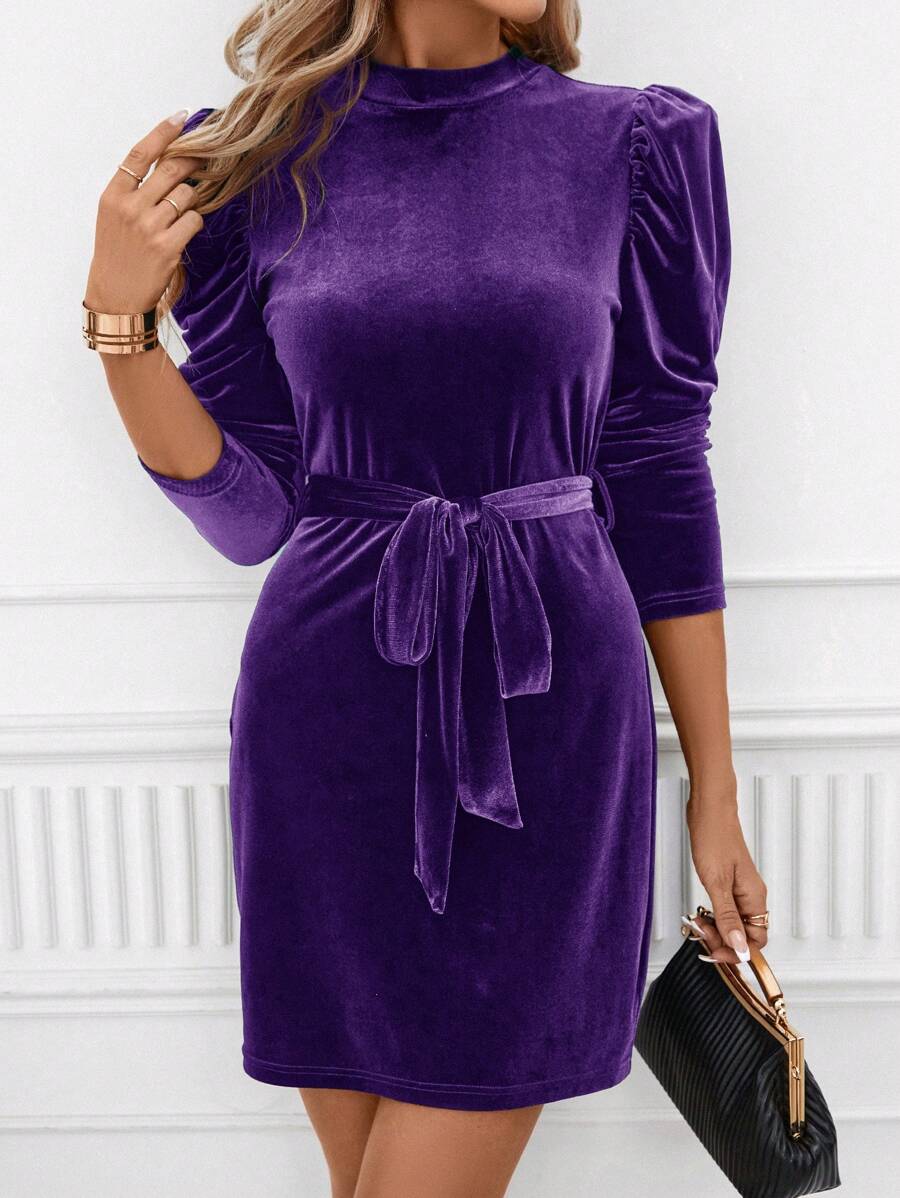 SHEIN Clasi Women Solid Stand Collar Long Sleeve Front Tie Hem Mini Dress